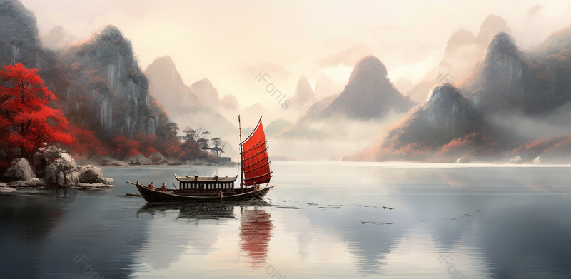 红色枫树仙气飘飘手绘中国风意境水墨山水风景画,插画/手绘图,插画/手绘图库,插画/手绘图下载,插画/手绘